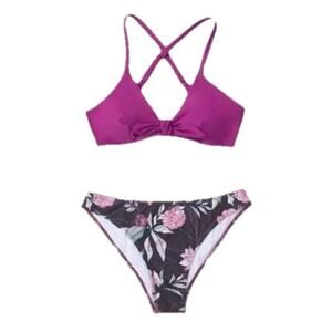 Cupshe Women’s Swimsuit S Purple Floral 2-Piece Bralette V-Neck Hipster Crossbac